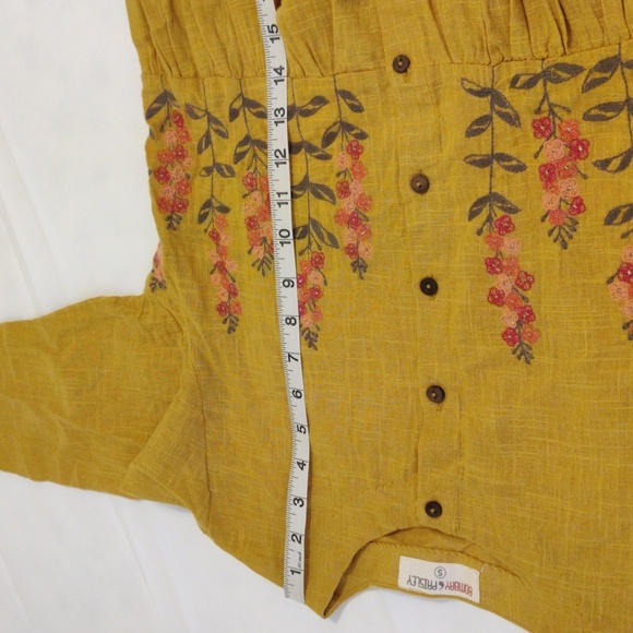 Bombay Paisley. Mustard Color 3/4 Sleeve Dress With Floral Embroidery - Picture 11 of 11